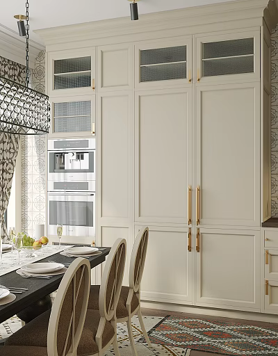 Modern Dining Living Room Interior Design With White Cabinets Gold Handles Dining Table And Chairs 3d model
