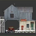 Cartoon Scene with Blue Wooden House Staircase Red Vintage Truck Coca-Cola Sign and Wooden Platform