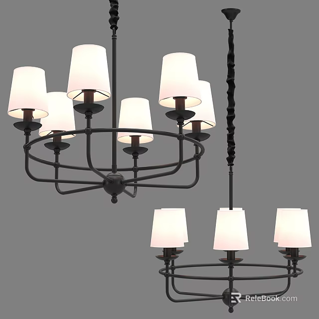 Contemporary Hanging Chandelier With Black Metal Frame And Multiple White Fabric Shades 3d model 