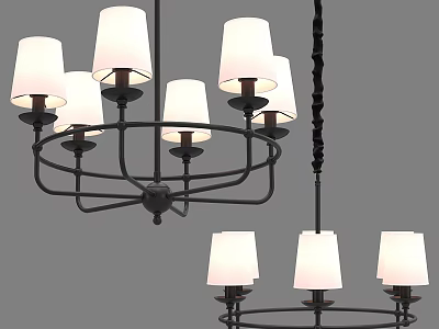 Contemporary Hanging Chandelier With Black Metal Frame And Multiple White Fabric Shades 3d model