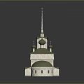 Cartoon Scene of White Building with Green Domes Tall Spire Green Roof and Windows