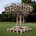 Modern Wooden Landscape Pavilion With Glass Roof And Green Grass Under Evening Sky