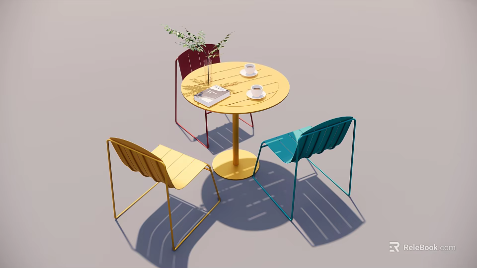 Round Dining Table Set With Red Yellow Blue Chairs Vase Green Plant And Cups 3d model 