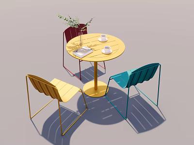 Round Dining Table Set With Red Yellow Blue Chairs Vase Green Plant And Cups 3d model