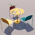 Round Dining Table Set With Red Yellow Blue Chairs Vase Green Plant And Cups
