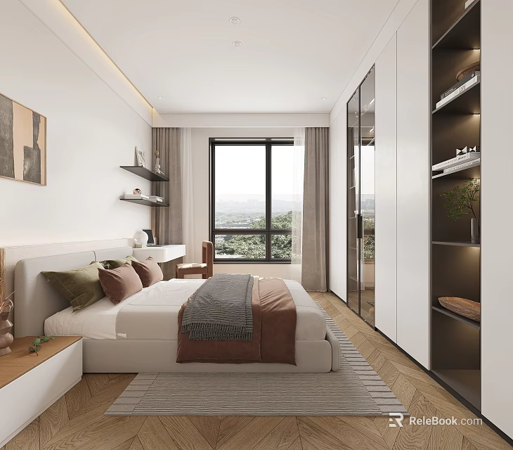 Modern Bedroom Interior Design With Bed Nightstand Wardrobe And Window 3d model 