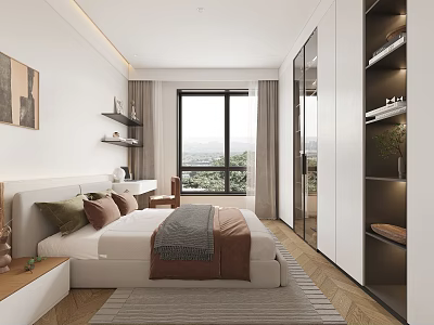 Modern Bedroom Interior Design With Bed Nightstand Wardrobe And Window 3d model