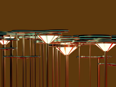 Modern Station Lighting Design Featuring Metal Structure Triangular Lampshades Red White Lights 3d model