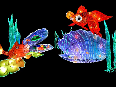 Illuminated Landscape Sculptures With Colorful Fish Seashell And Green Seagrass Lights 3d model