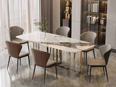 Elegant Marble Top Dining Table Set With Metal Legs Gray Upholstered Chairs And Decorative Sculpture 3d model