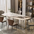 Elegant Marble Top Dining Table Set With Metal Legs Gray Upholstered Chairs And Decorative Sculpture