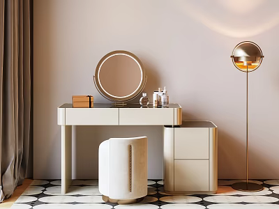 Modern Dressing Table With Round Mirror Stool Floor Lamp And Black White Patterned Tiles 3d model