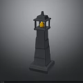 Gray Stone Lighthouse Scene Component With Lit Orange Lantern On Top