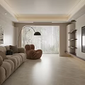 Modern Dining Living Room Interior Design With Curved Wooden Shelves Neutral Walls And Plant