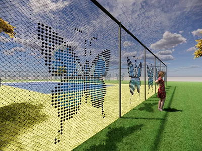 Scenic Garden Landscape With Butterfly Patterned Fence Girl On Green Lawn Under Blue Sky 3d model