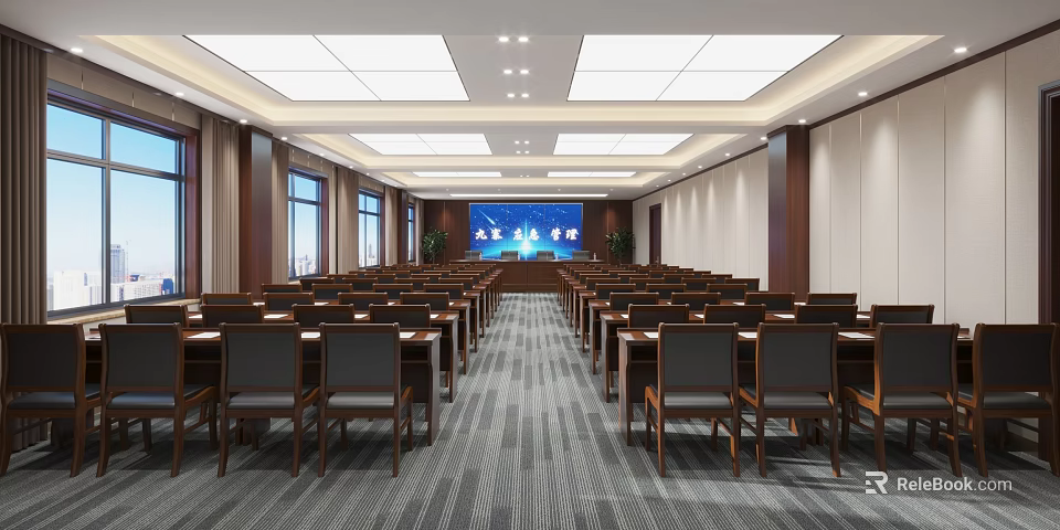 Spacious Modern Conference Room Interior With Rows Of Tables Chairs Large Screen And Lighting 3d model 