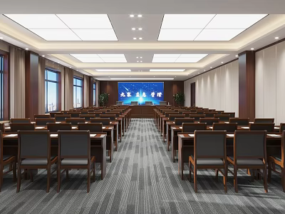 Spacious Modern Conference Room Interior With Rows Of Tables Chairs Large Screen And Lighting 3d model
