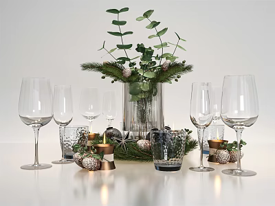 Elegant Tableware Set Featuring Wine Glasses Glass Cups Candle Holders And Green Plant Decorations 3d model