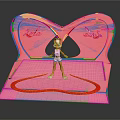 Pink Butterfly Shaped Stage Scene With Cartoon Character Heart Ring And Logos
