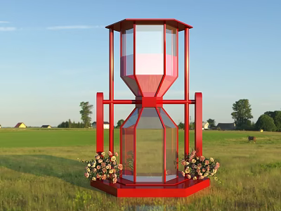 Red Hourglass Shaped Structure As Photo Spot With Flowers In Grassland Under Sky 3d model