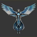Ethereal Blue Winged Female Character In Shiny Armor With Spread Angelic Wings