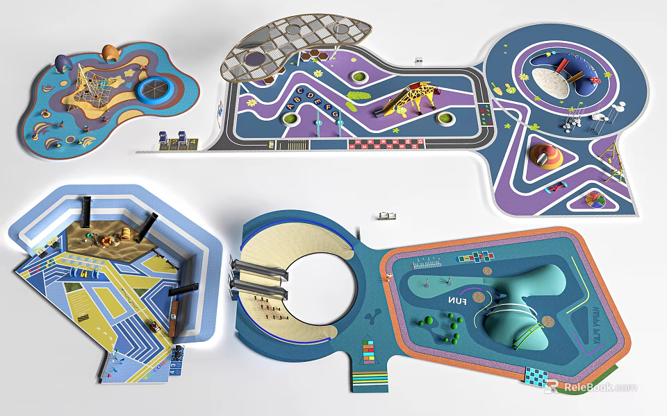 Kids Playground Design With Colorful Tracks Slides And Dino Elements 3d model