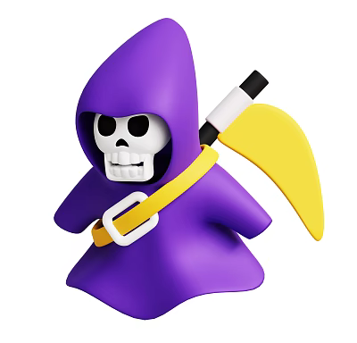 Cute Game and Movie Character With Purple Hooded Cloak Skull Head Yellow Scythe and Belt 3d model