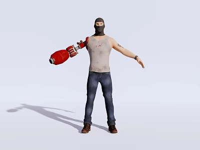 Game Movie Character With Masked White T-shirt Blue Jeans And Red Mechanical Arm Standing Pose 3d model