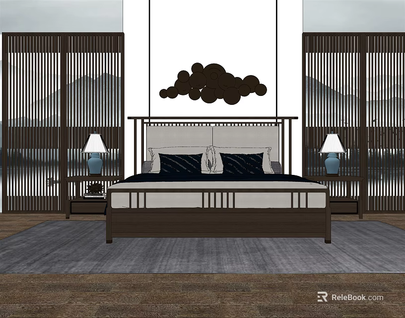 Modern Oriental Background Double Bed With Bedside Tables Table Lamps And Screen Panels 3d model
