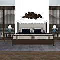 Modern Oriental Background Double Bed With Bedside Tables Table Lamps And Screen Panels 3d model