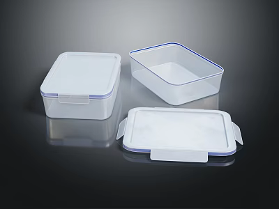 Transparent Plastic Food Storage Containers Set With Blue Trim Lids And Rectangular Square Shapes 3d model