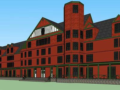 Red Brick Multi Story Office Building Featuring Tower Structure And Dark Roof 3d model