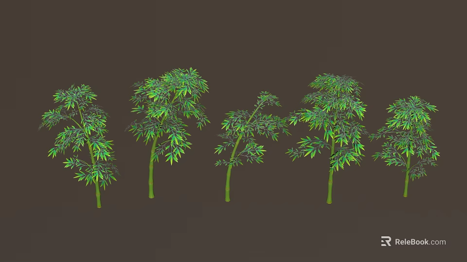 Green Bamboo in Various Shapes Arranged in a Row with Dark Brown Background 3d model 