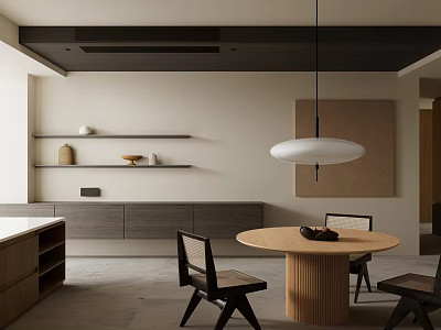 Modern Restaurant Interior Design With Round Wooden Dining Table Black Chairs And Hanging Pendant Light 3d model