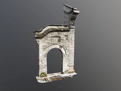 Traditional Stone Entrance Gate With Arched Design Tile Decorations And Mossy Base 3d model