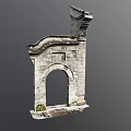 Traditional Stone Entrance Gate With Arched Design Tile Decorations And Mossy Base