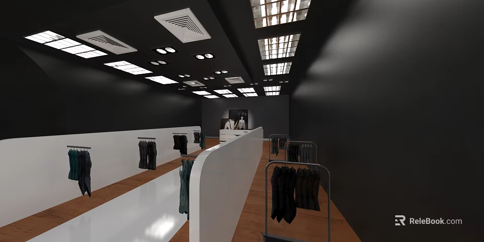 Clothing Store Interior Design With White Display Counters Clothing Racks And Ceiling Lights Wooden Flooring 3d model 