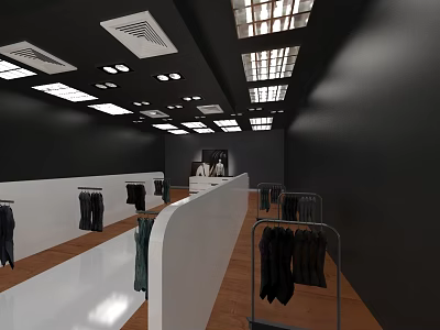 Clothing Store Interior Design With White Display Counters Clothing Racks And Ceiling Lights Wooden Flooring 3d model