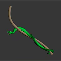 Green Snake Sculpture Coiled Around Curved Wooden Stick With Open Mouth And Sharp Fangs