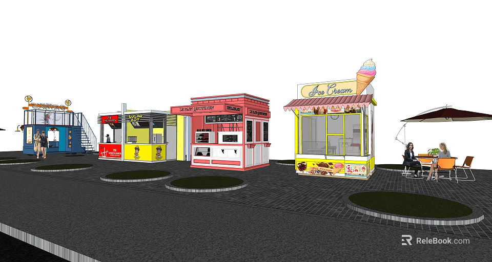 Colorful Food Stalls In Outdoor Setting With Ice Cream Stand And Seated Customers 3d model 
