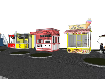Colorful Food Stalls In Outdoor Setting With Ice Cream Stand And Seated Customers 3d model