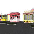 Colorful Food Stalls In Outdoor Setting With Ice Cream Stand And Seated Customers