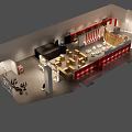 Modern Exhibition Hall Interior Design With Golden Display Wall White Platform And Red Decor