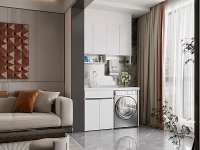Modern Living Room With Beige Sofa Brown Geometric Art White Cabinets Washing Machine And Curtains 3d model