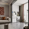 Modern Living Room With Beige Sofa Brown Geometric Art White Cabinets Washing Machine And Curtains