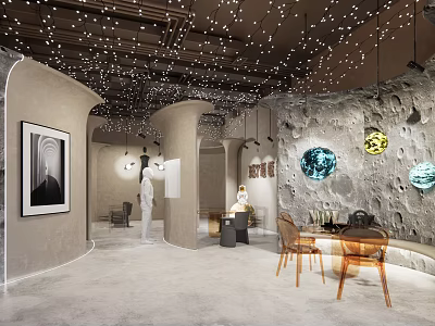 Modern Interior Space With Starry Ceiling Curved Walls And Art Decor 3d model