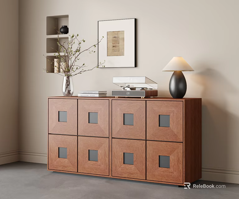 Modern Wooden Entryway Console Table With Square Panel Doors Vase Books And Table Lamp 3d model