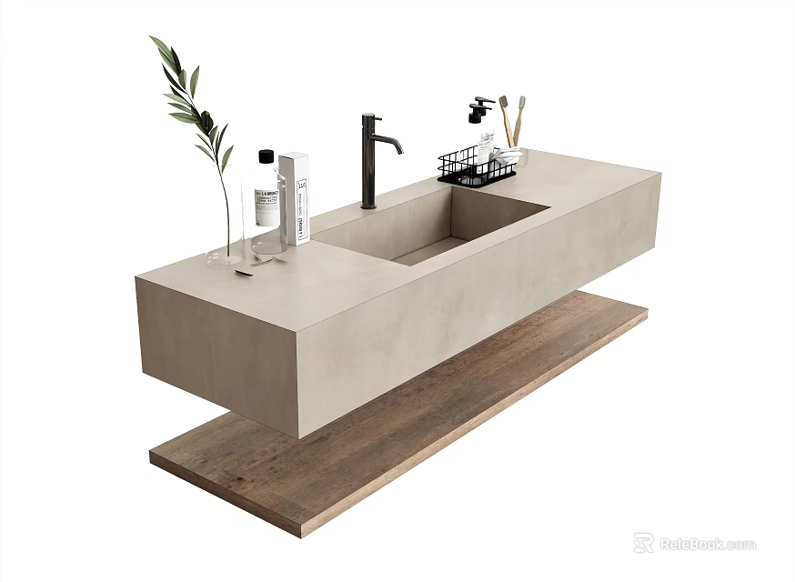 Modern Washbasin with Concrete Countertop Wooden Base Faucet Storage Rack Toiletries and Green Plant 3d model 