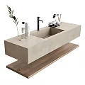 Modern Washbasin with Concrete Countertop Wooden Base Faucet Storage Rack Toiletries and Green Plant