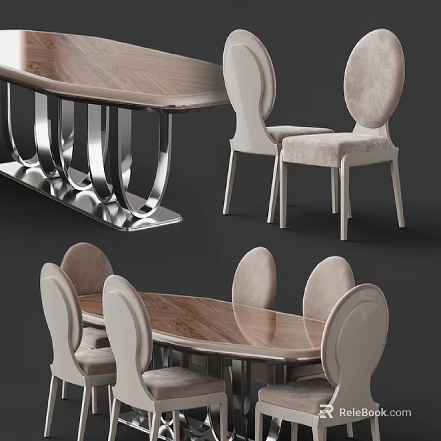 Modern Dining Table And Chairs Set With Wooden Top Metal Frame And Upholstered Seats 3d model 